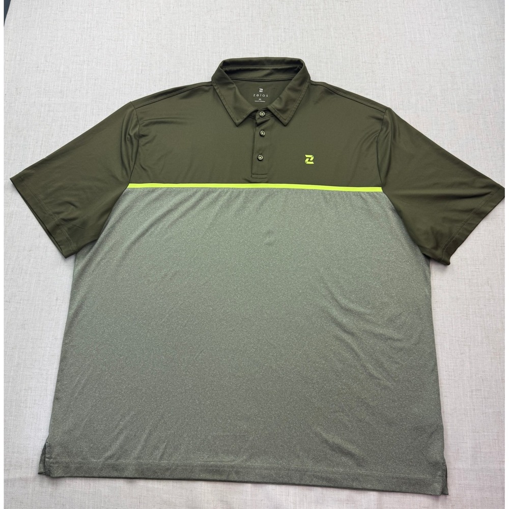 Zelos Performance Polo Men XL Olive Green Neon Stripe Short Sleeve Golf Shirt